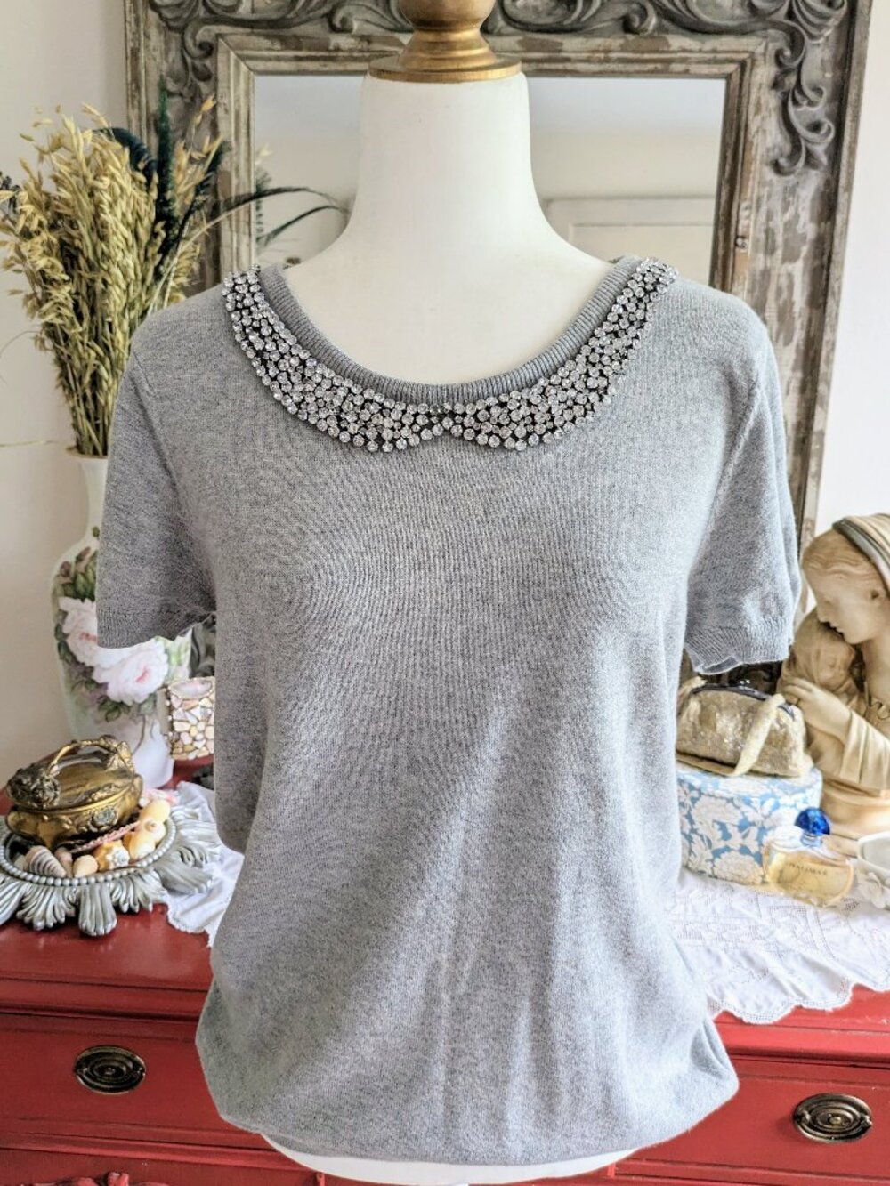 Elle Grey Medium Rhinestone Diamond Trim Sweater Short Sleeve Soft Cotton Blend